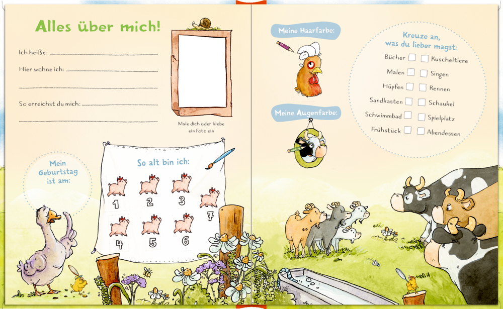 Bunte Seite mit Tieren vom Bauernhof, Alterstabelle und Kästchen zum Ankreuzen der Vorlieben.