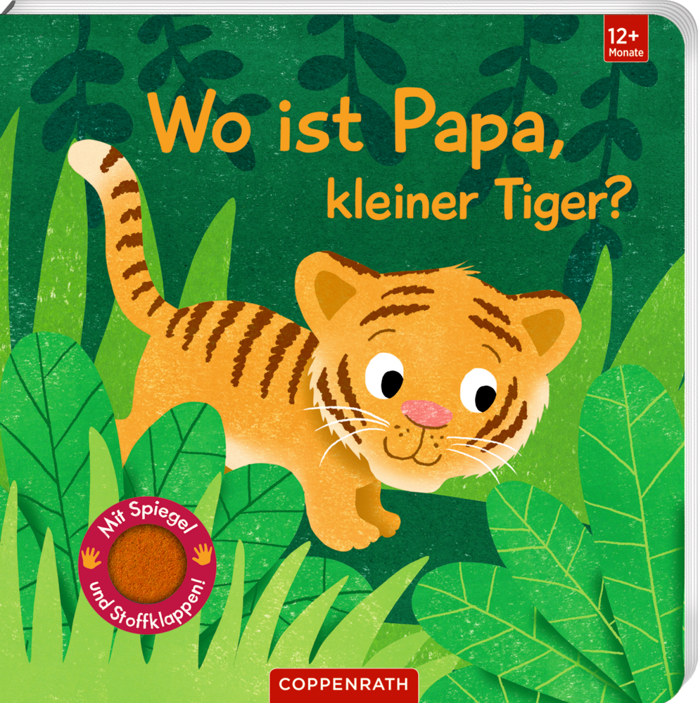 Lächelndes Tigerjunges in einem grünen Dschungel, auf einem Cover mit dem Titel „Wo ist Papa, kleiner Tiger?“.