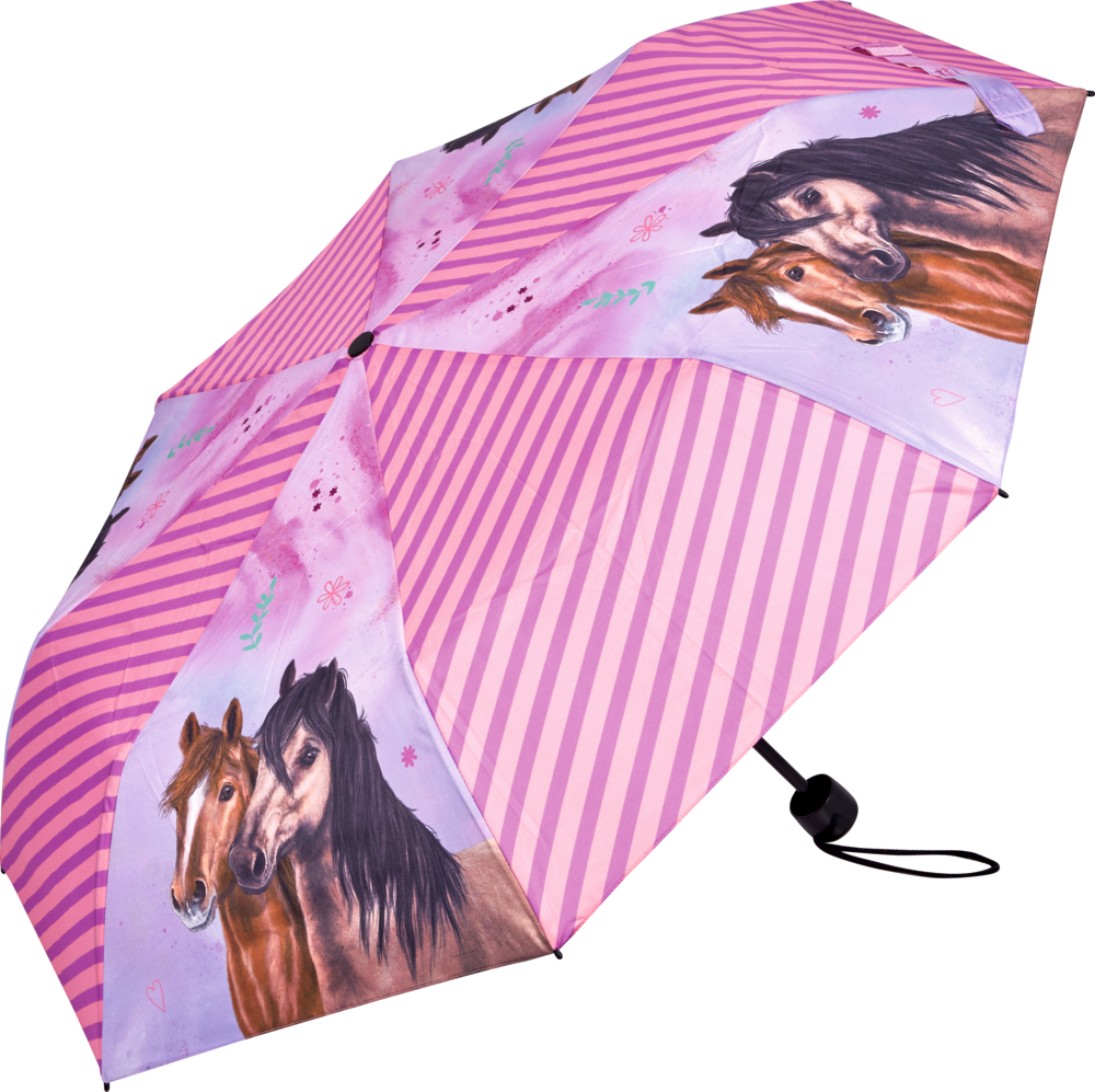 Rosa Regenschirm mit lila Streifen und Pferdemotiven auf den Segmenten.