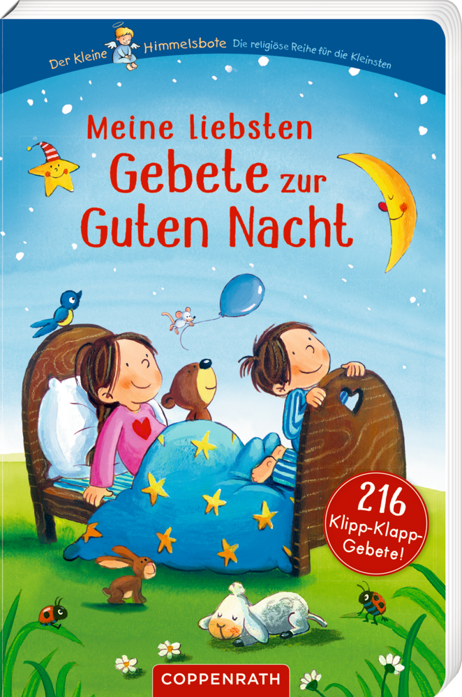 Zwei Kinder lächelnd im Bett, umgeben von Sternen, Mond und Spielzeug, unter dem Titel des Buches „Gebete zur guten Nacht“.