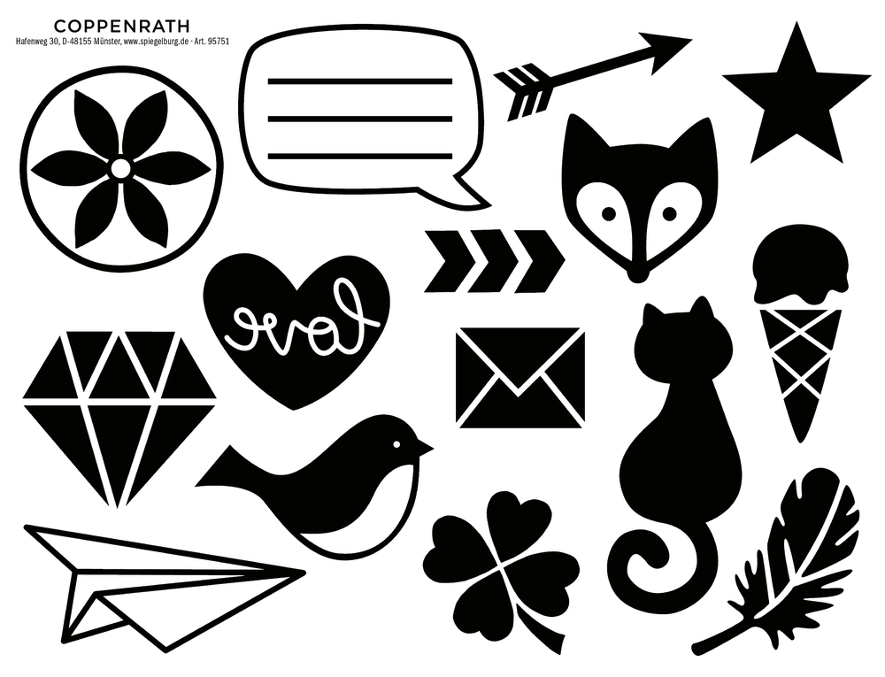 Schwarz-weiße Icons: Blume, Fuchs, Stern, Diamant, Katze, Vogel, Eis, Herz, Brief, Kleeblatt usw.