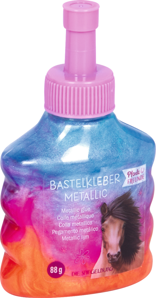 Flasche Bastelkleber Metallic mit rosanem Deckel, blau-oranger Inhalt und Pferdeabbildung auf dem Etikett.