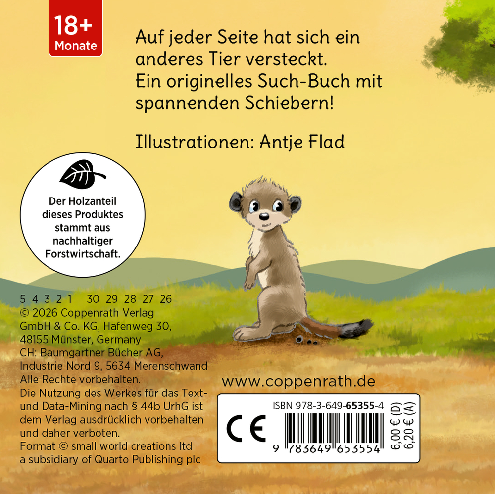 Buchrückseite mit gezeichnetem Erdmännchen, das auf einer Wiese vor Hügeln unter gelbem Himmel steht.