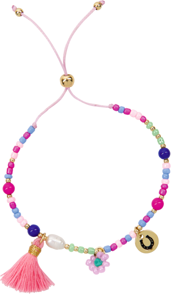 "Buntes Perlenarmband mit einer rosa Quaste, einem Blumenanhänger, einer Perle und einem goldenen Hufeisenanhänger."