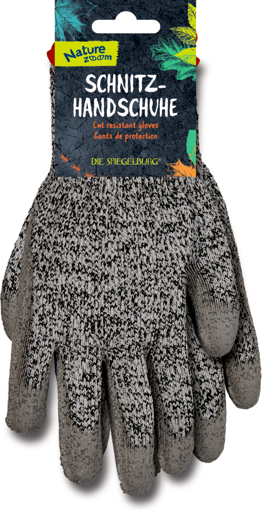 Graue schnittfeste Arbeitshandschuhe in einer Verpackung mit der Aufschrift „Schnitz-Handschuhe“.