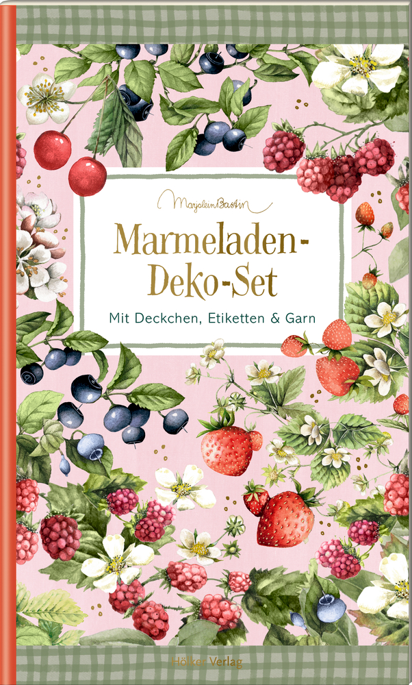 Buchcover mit Beeren, Blumen und Grün auf rosa Hintergrund; Titel mit dem Wort Marmeladendekorationsset.
