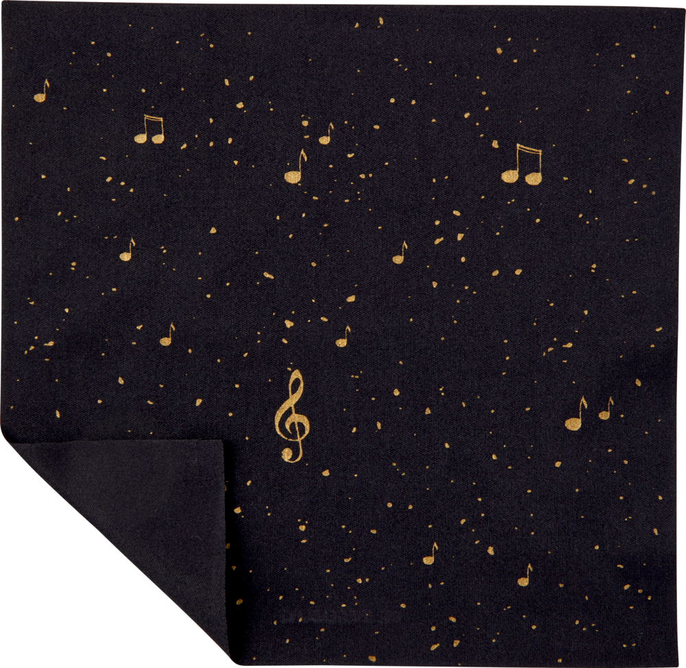 "Schwarzes, quadratisches Tuch mit goldenem Noten- und Violinschlüssel-Design. Eine Ecke ist leicht gefaltet."