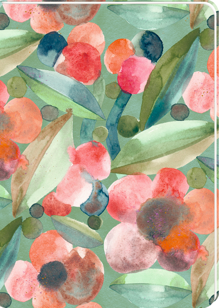 Rote und rosa Aquarellblumen mit grünen Blättern auf hellgrünem Hintergrund.