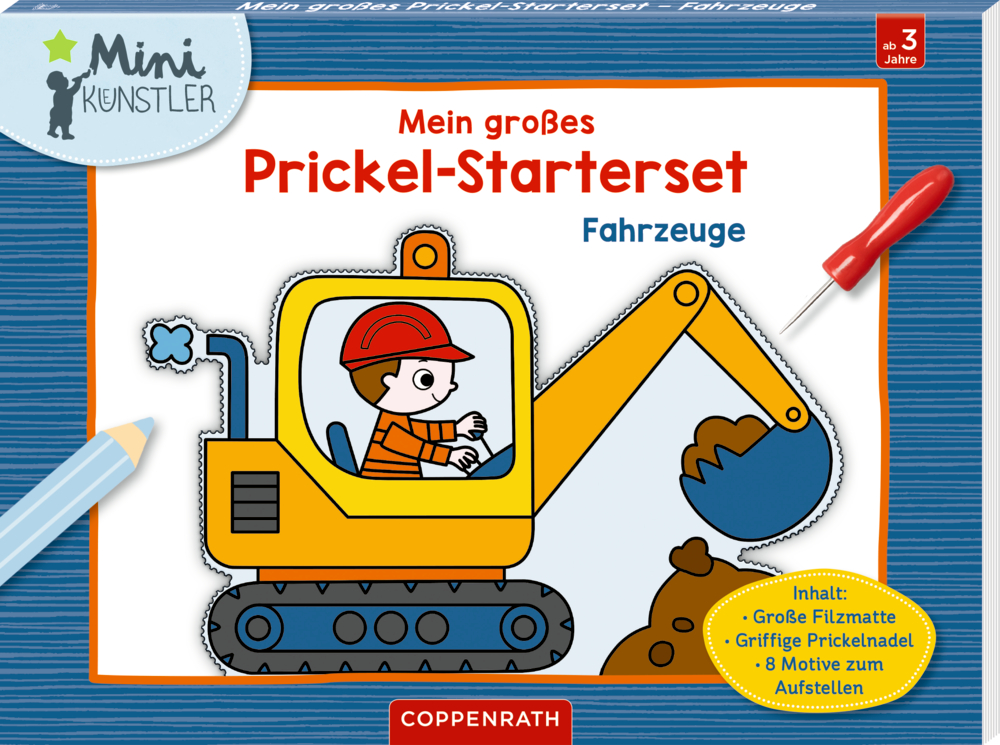 Kind im gelben Bagger auf der Prickel-Starterset Fahrzeuge Bastelbox.