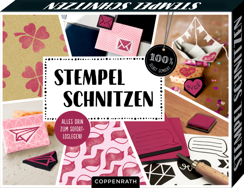 Verpackung des Sets "Stempel Schnitzen": Collage aus rosa Stempeln, Umschlägen, Herzen und Schnitzwerkzeugen.