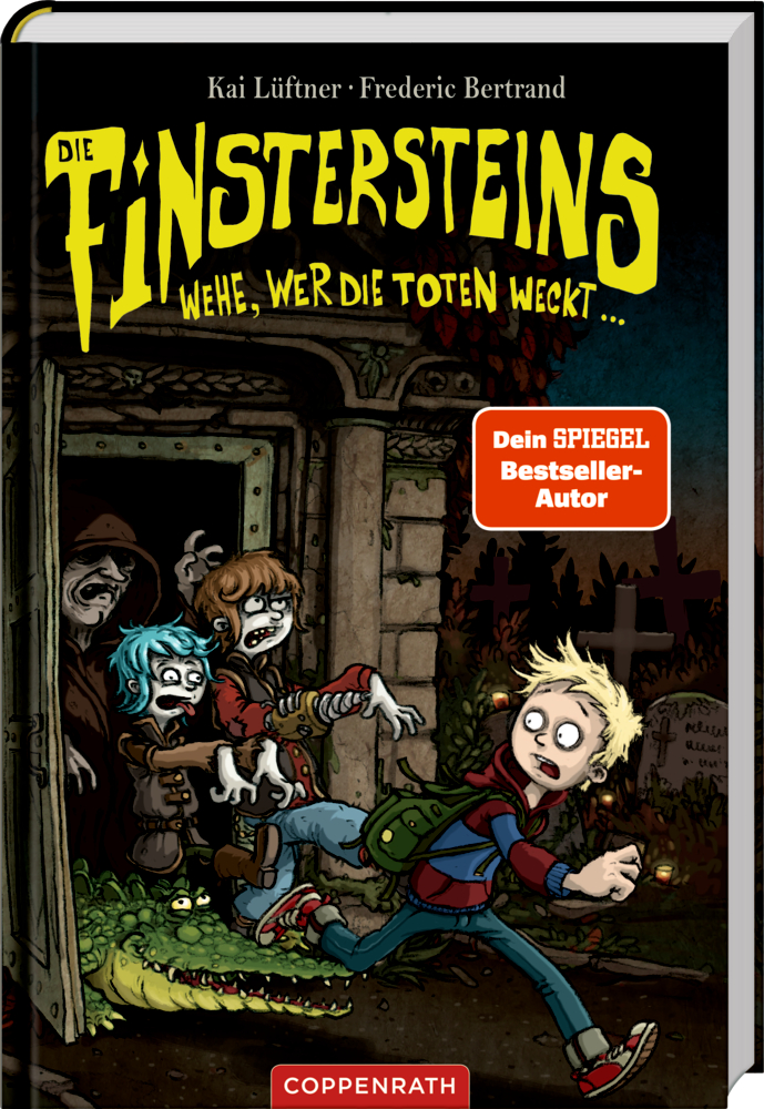 Buchcover mit einem verängstigten Jungen, der nachts vor Zombie-Kindern und einem Krokodil auf einem gruseligen Friedhof flieht.