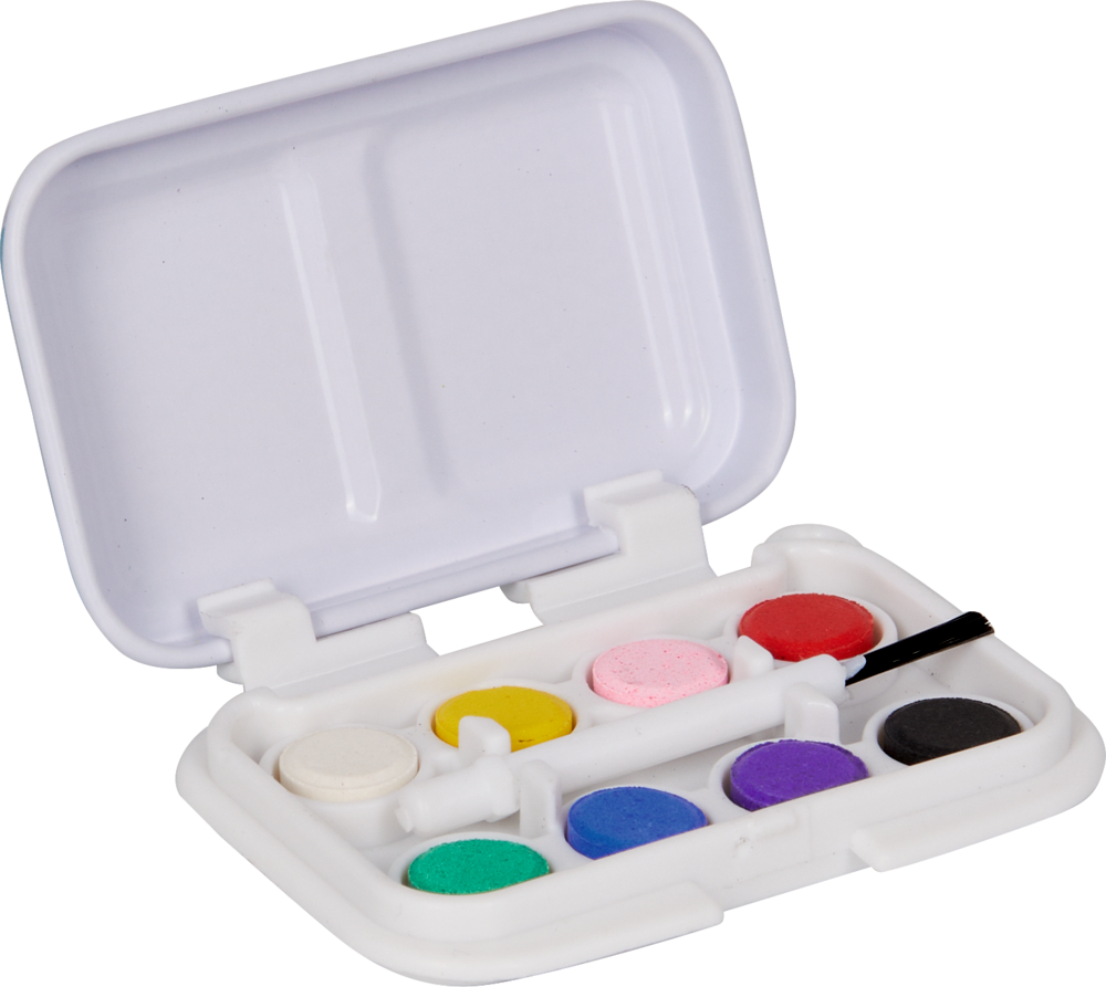 Kleiner geöffneter Farbkasten mit 8 Farben und einem kleinen Pinsel.