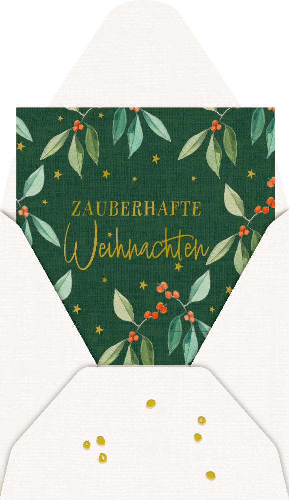 Grüner Umschlageinleger mit Blättern, roten Beeren, Sternen und goldener Aufschrift „Zauberhafte Weihnachten“.