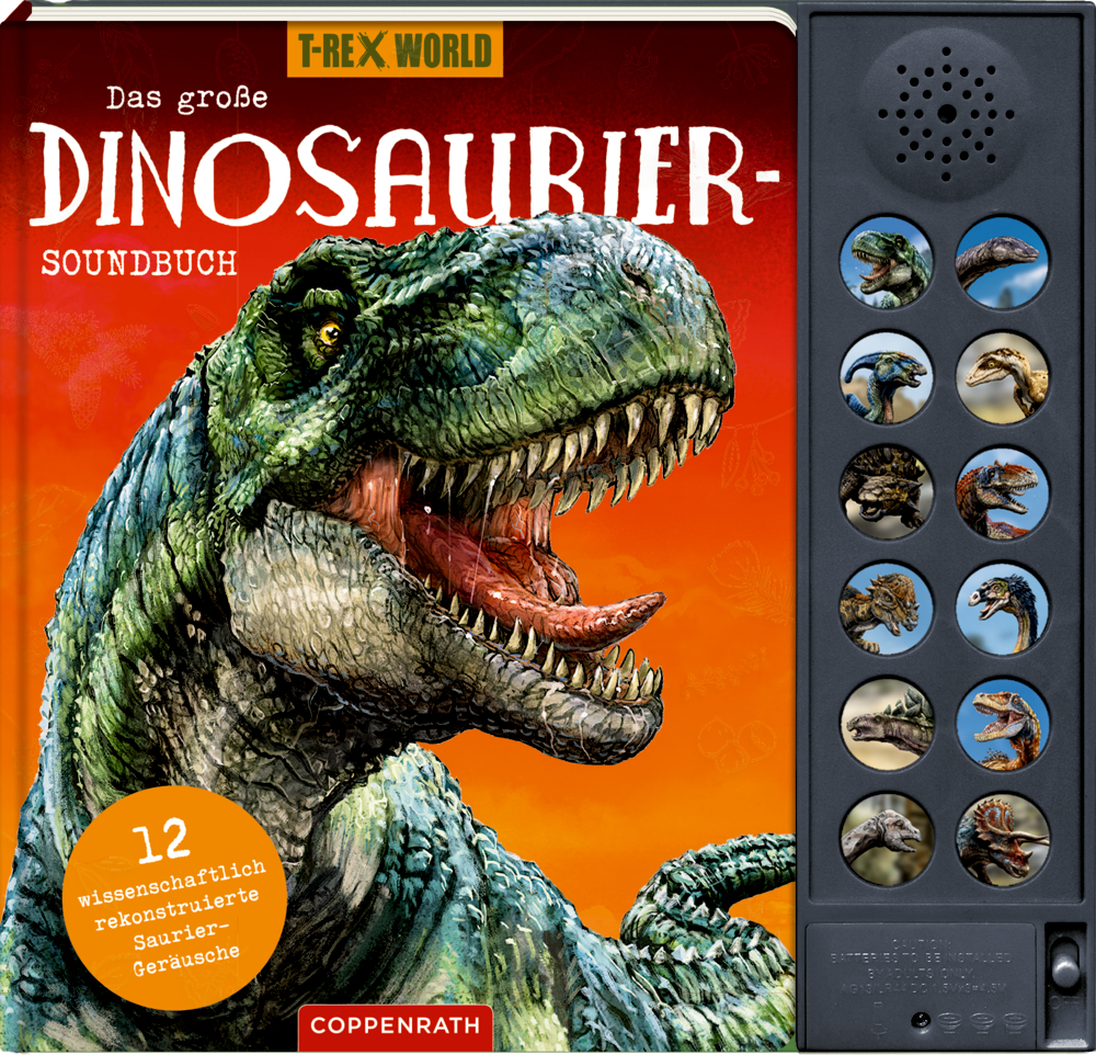 Buchcover mit einem brüllenden T-Rex, Titel „Das große Dinosaurier-Soundbuch“, mit Sound-Buttons auf der rechten Seite.