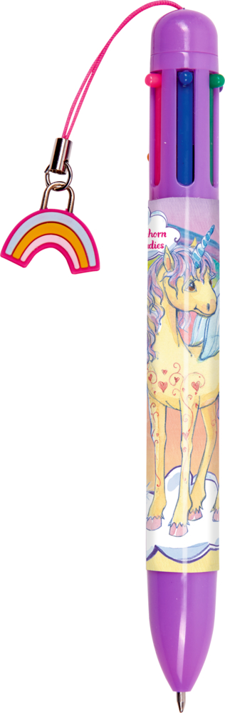 Lilafarbener, mehrfarbiger Stift mit Einhorn-Design und einem Regenbogenanhänger.