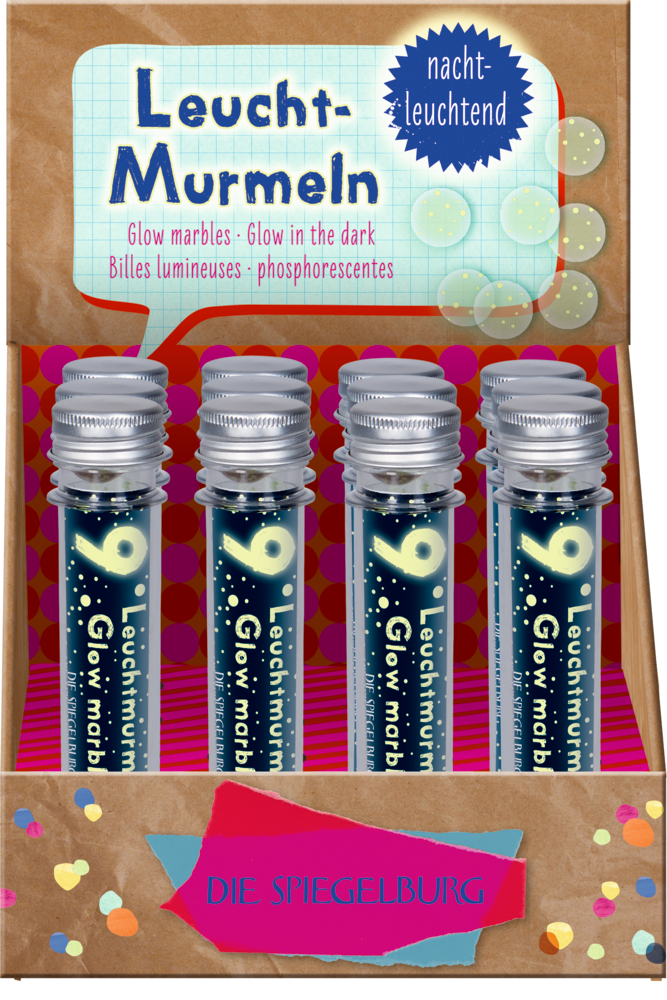 Mehrere dunkle Röhrchen in einem bruanen und bunt verzierten Papp-Display.