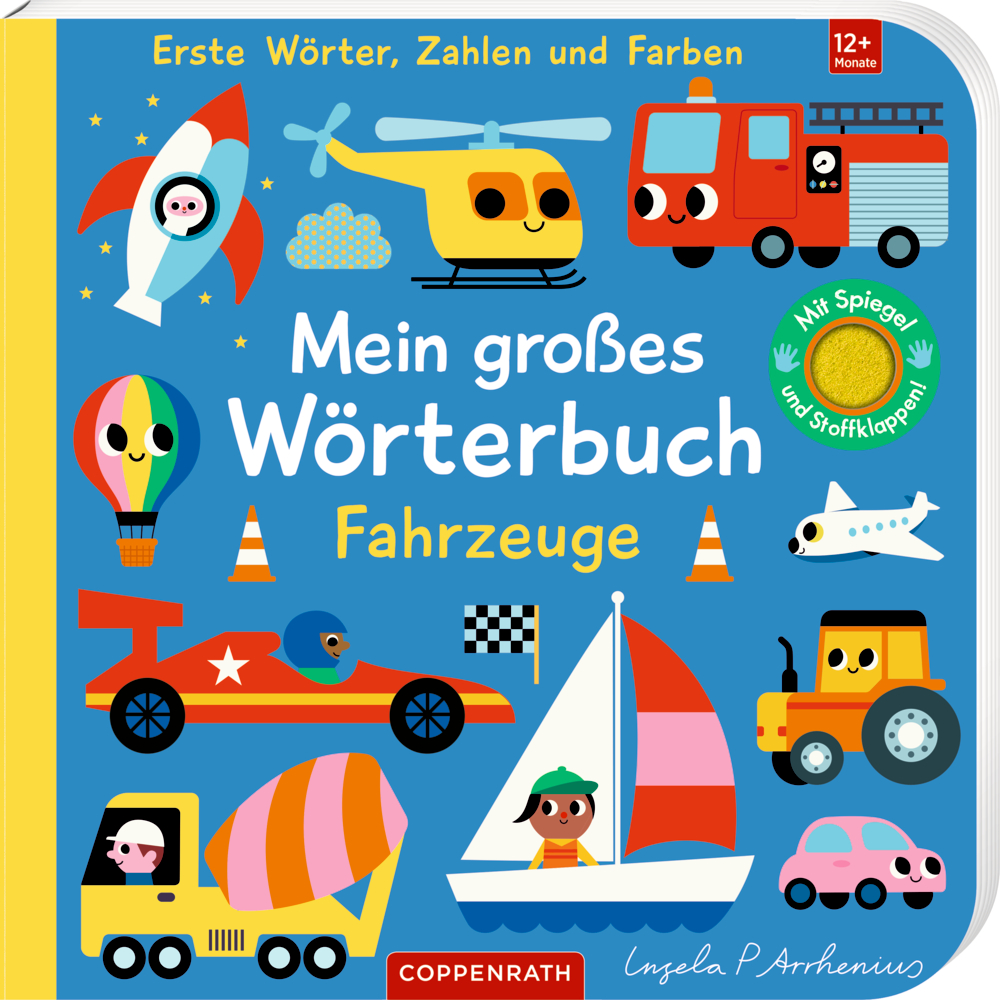 Buntes Kinderbuchcover mit verschiedenen Fahrzeugen wie Autos, Hubschrauber, Boot und Feuerwehrauto.