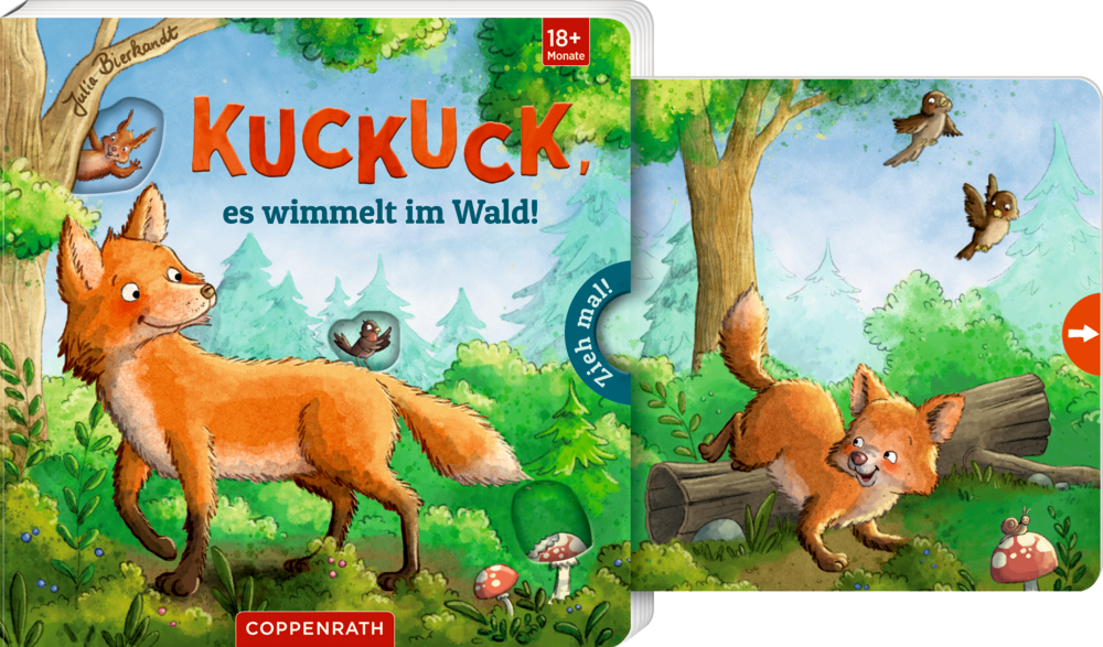 Buchcover mit einem Fuchs, kleinen Vögeln, Bäumen und Pilzen in einer Waldszene.