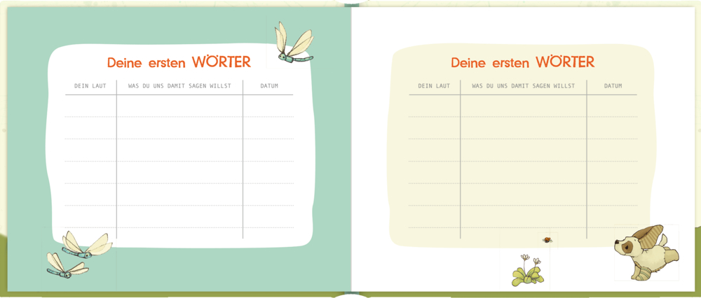 Babyalbum-Seiten mit Entenfamilie am Teich und Platz für erste Laute und Wörter des Kindes.