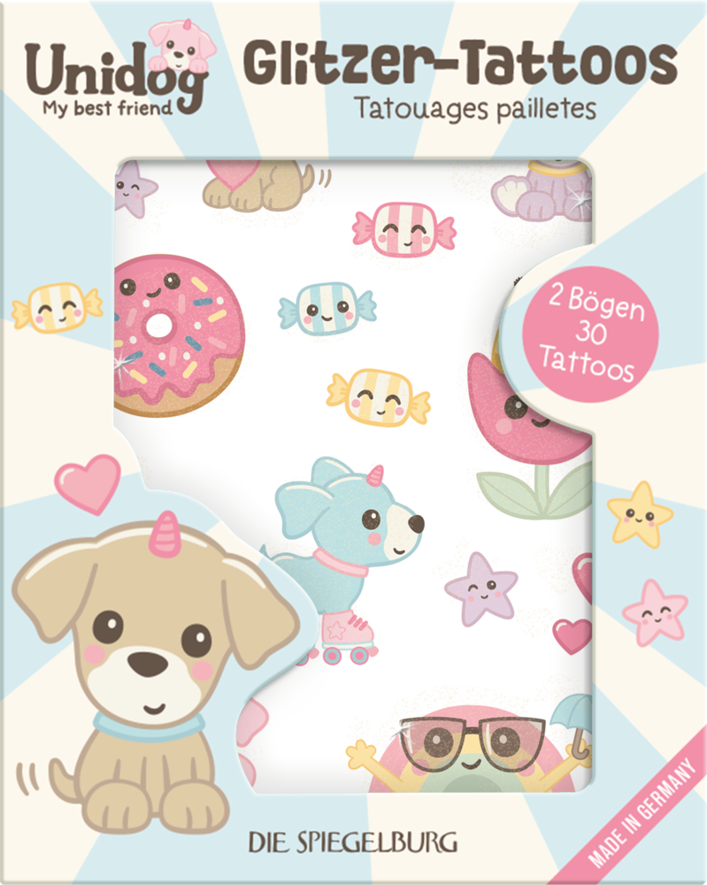 Set aus Glitzer-Tattoos mit bunten Motiven wie Hund, Donut, Bonbons, Blüten, Sternen und Herzen in Verpackung mit Sichtfenster.