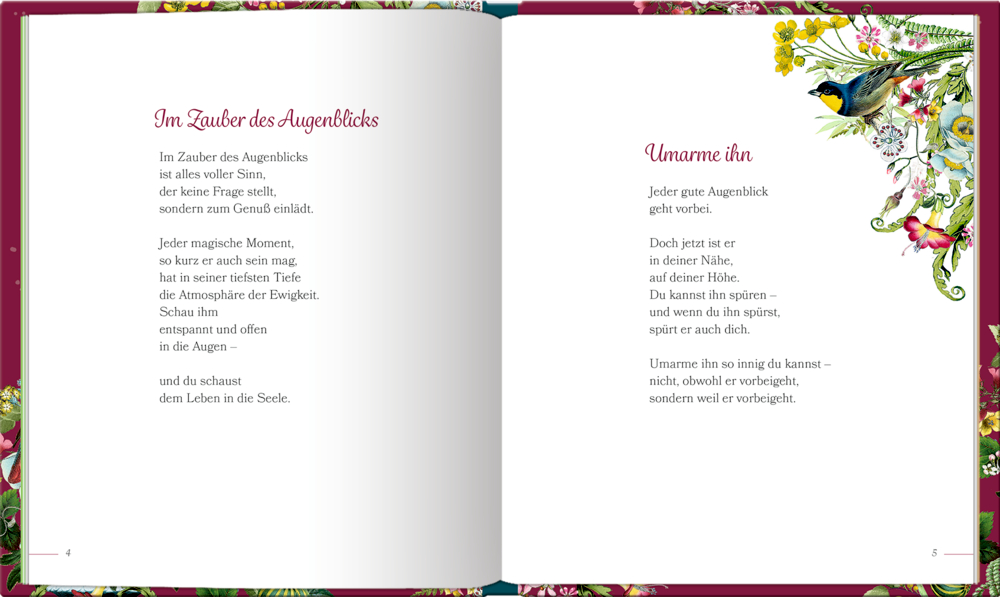 Offenes Buch mit Gedichten, Blumenillustrationen in den Ecken und einem blauen Vogel in der oberen rechten Ecke.