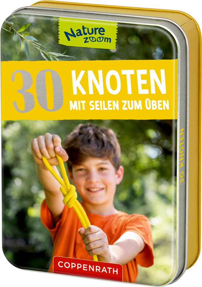Metallbox mit der Aufschrift „30 Knoten mit Seilen zum Üben“ und einem Kind, das ein gelbes Seil mit Knoten hält.