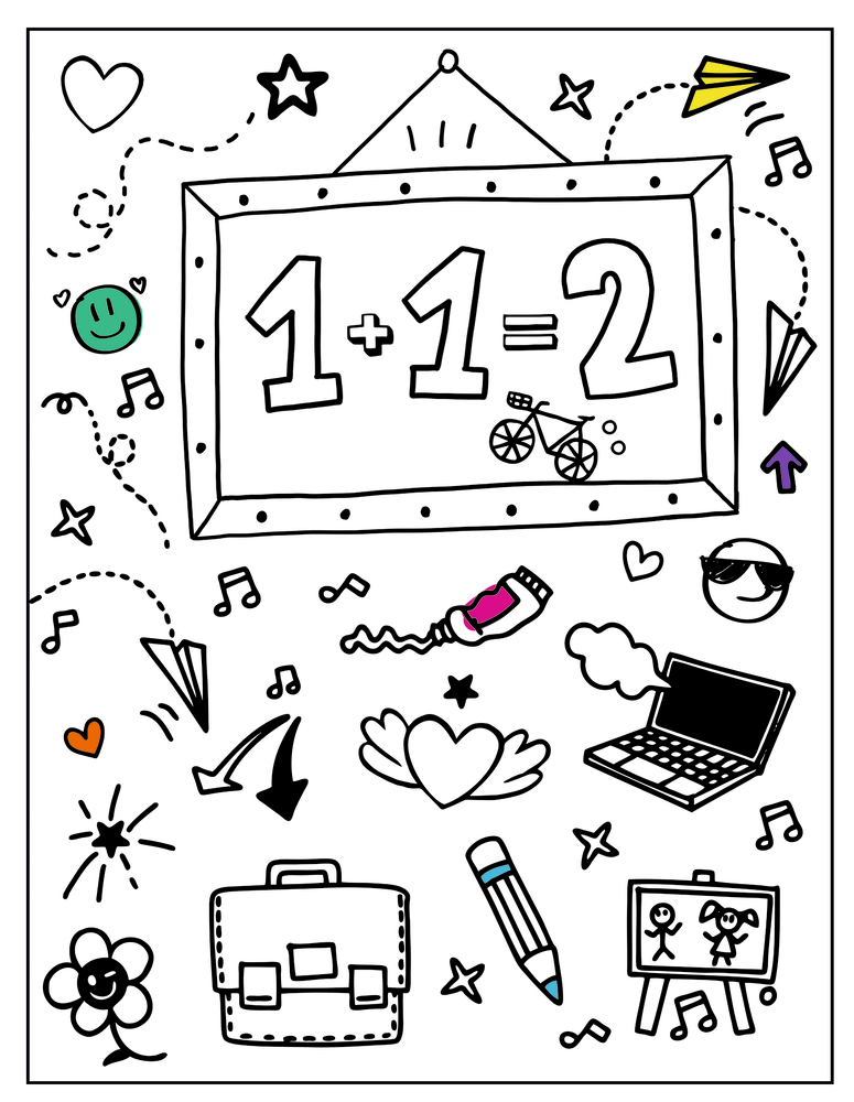 Ausmalseite mit mathematische Gleichungen, Schulbedarf, Herzen, Sternen und Musiknoten.