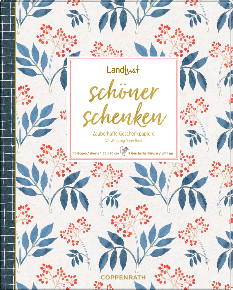 Geschenkpapierbuch-Einband mit dem Titel „Schöner schenken“ mit einem Muster aus roten Beeren und blauen Blättern.