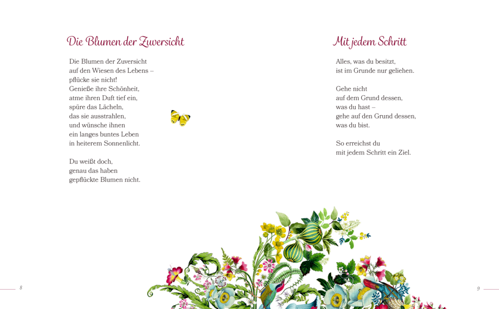 Weiße Seite mit Gedichten, einem gelben Schmetterling und bunten Blumen am unteren Rand.