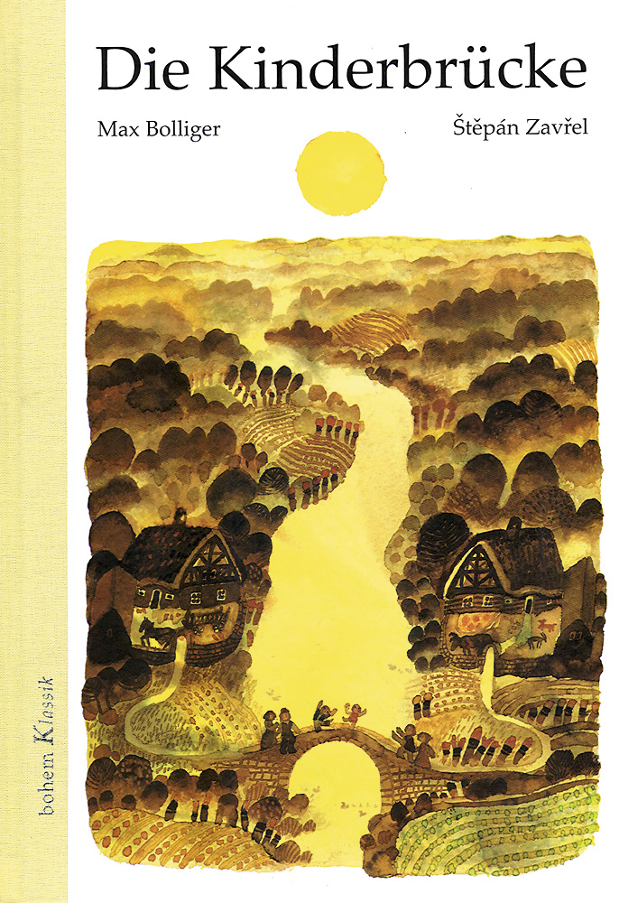 Buchcover: Die Kinderbrücke, mit einem illustrierten Dorf, gewundenen Pfaden und einer großen gelben Sonne am Himmel.