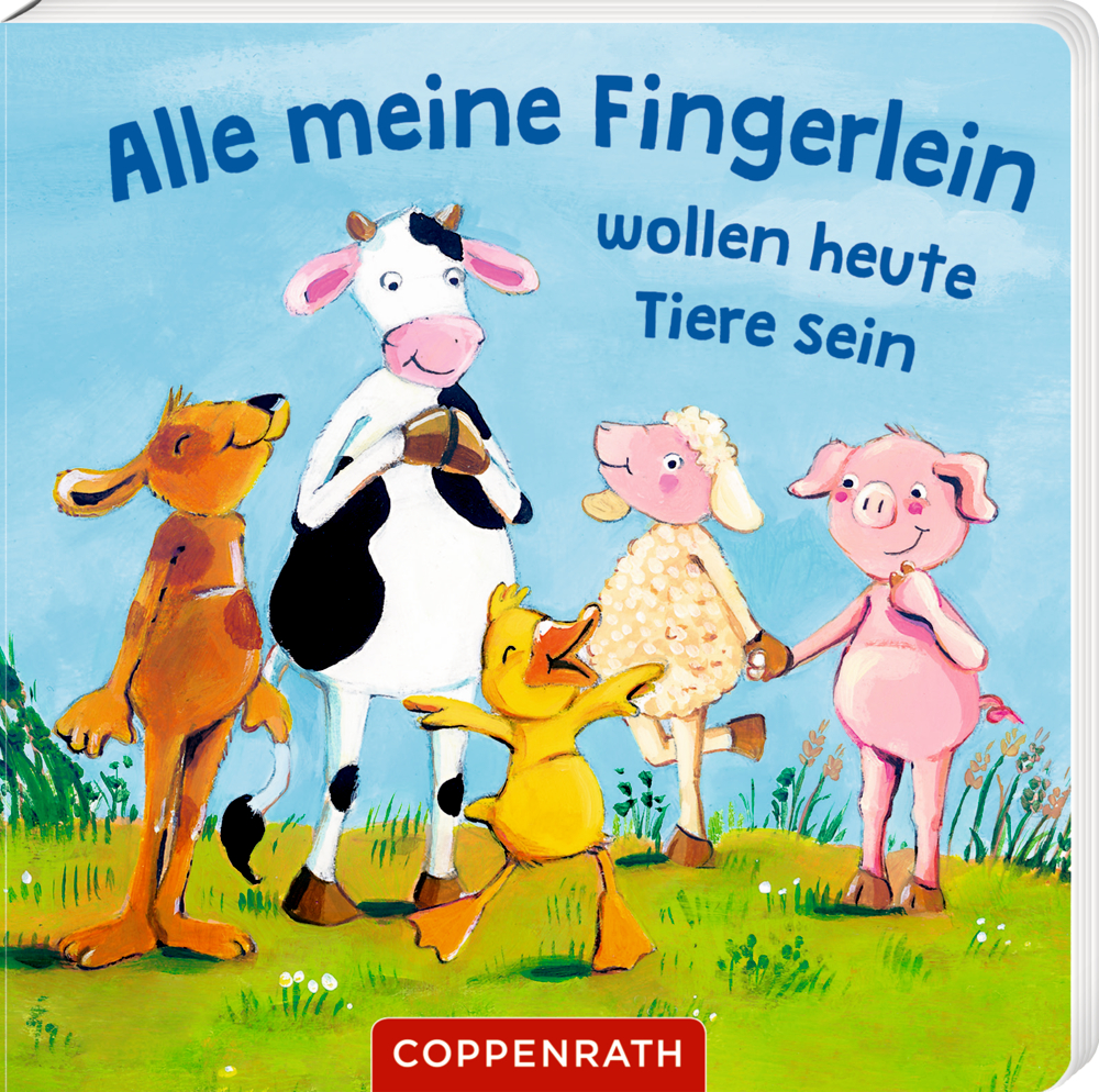 Vier Comic-Tiere – Känguru, Kuh, Schaf und Schwein – stehen gemeinsam unter  Text auf dem Cover eines Kinderbuchs.