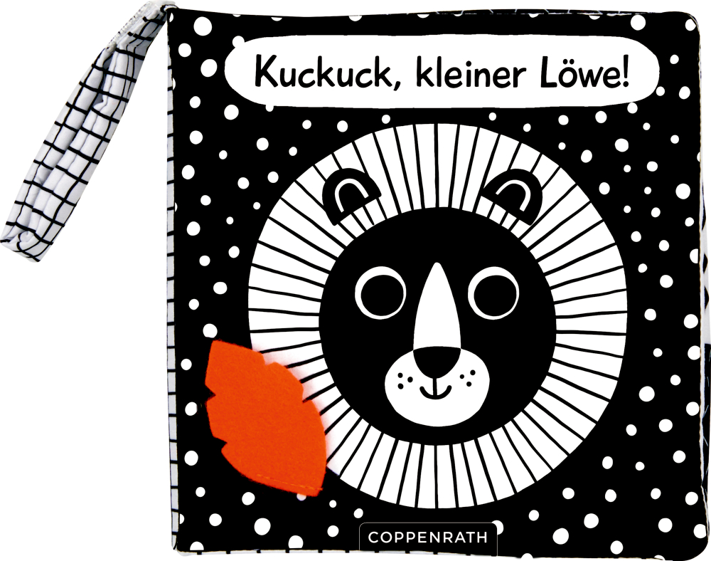 Schwarz-weißes Babybuch, Cover mit gezeichnetem Löwen und Text.