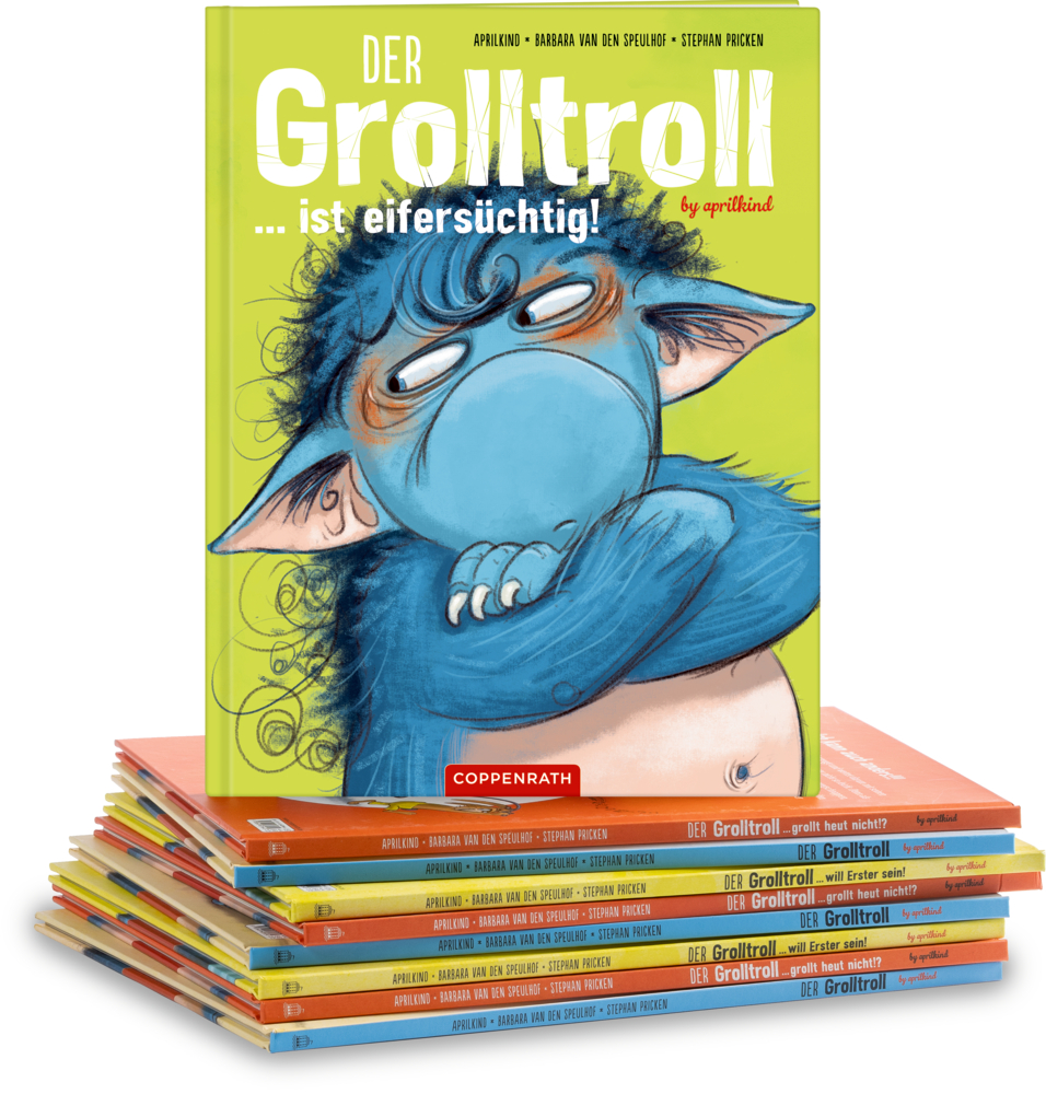 Das Buch "Der Grolltroll ist eifersüchtig" steht auf einem Bücherstabel.