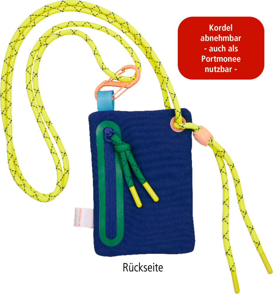Rückseite: Dunkelblaues Etui mit gelbgrüner Kordel, grünem Reißverschluss und orangefarbenen Karabiener.
