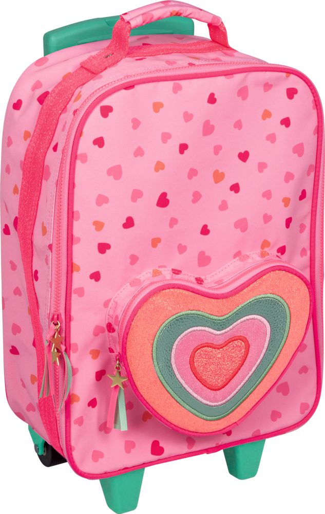 Rosa Kinder-Trolley mit buntem Herzmuster, Vordertasche in Herzform mit Glitzer und türkisenen Rollen.