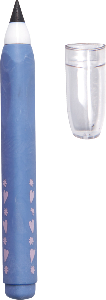 Blauer endlos Bleistift mit schwarzer Spitze und rosa Herz- und Blumenmotiven, daneben abgenommene transparente Kappe.