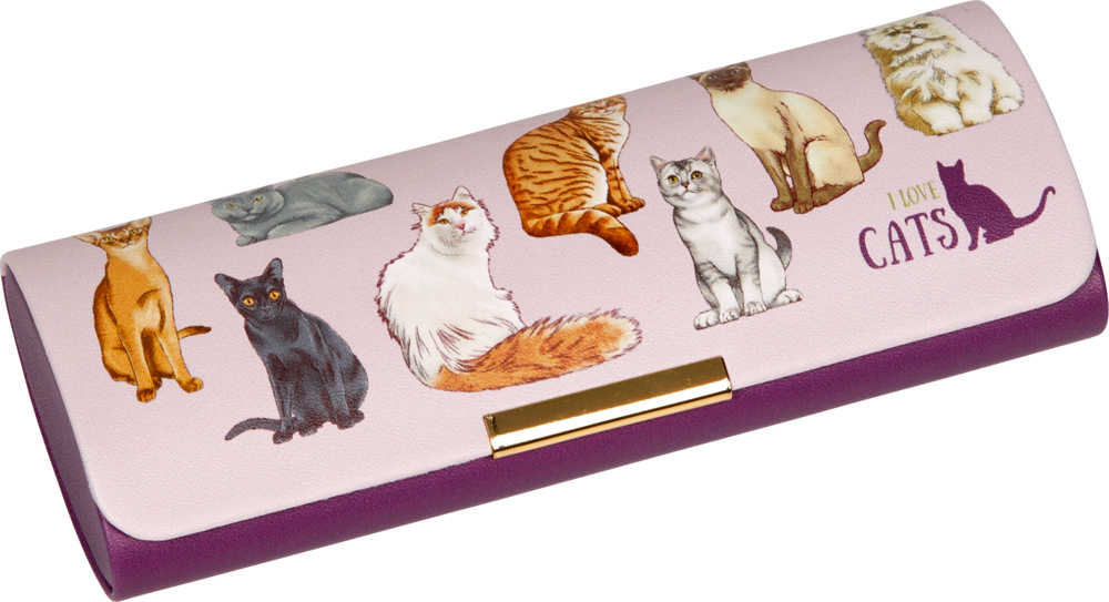 Rosafarbenes Brillenetui mit Katzen-Illustrationen und dem Aufdruck „I love cats“.
