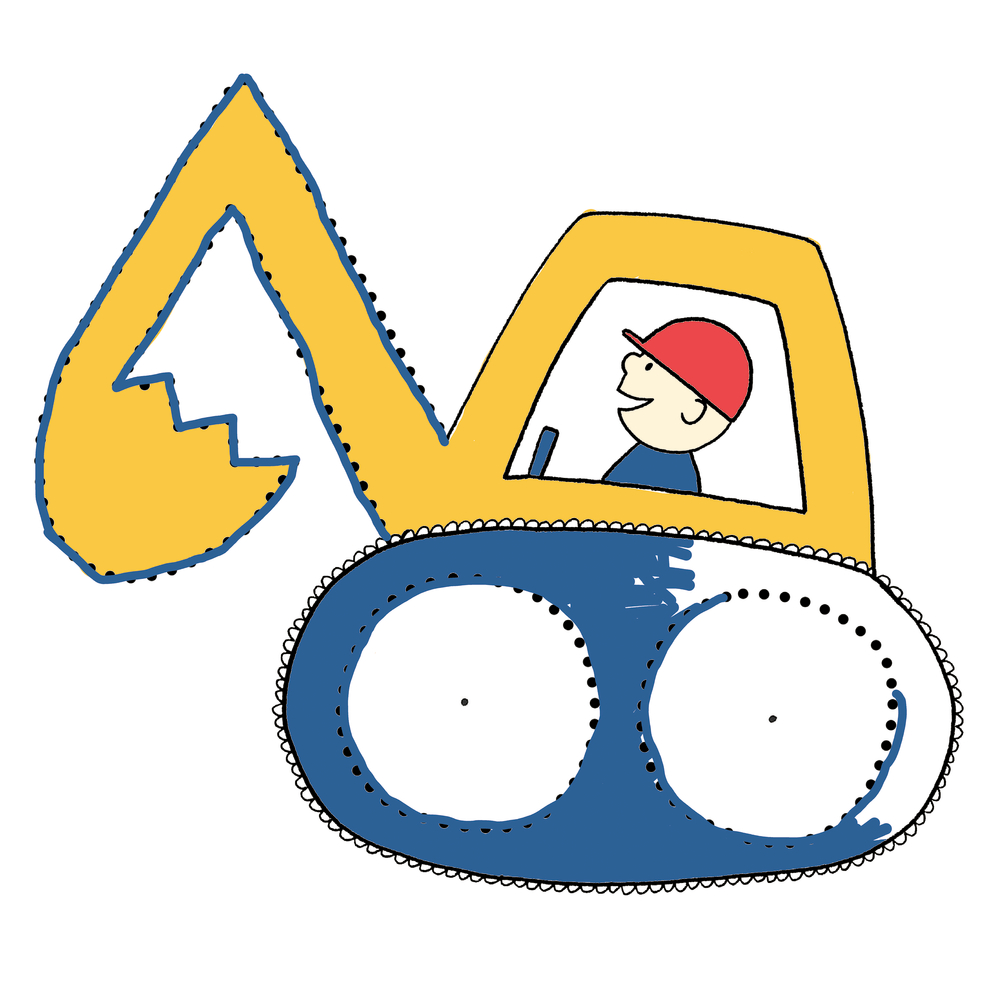Illustration eines unvollständig ausgemalten Baggers mit gelber Schaufel und blauer Kette, darin sitzt eine Person mit rotem Helm.