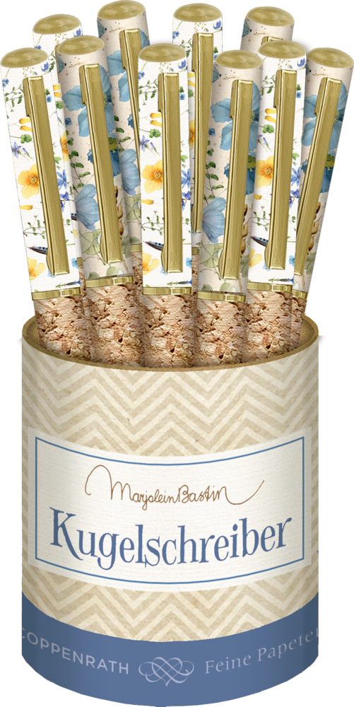 Eine Präsentationsbecher mit floralen Stiften mit goldenen Clips und Kork-Akzenten.