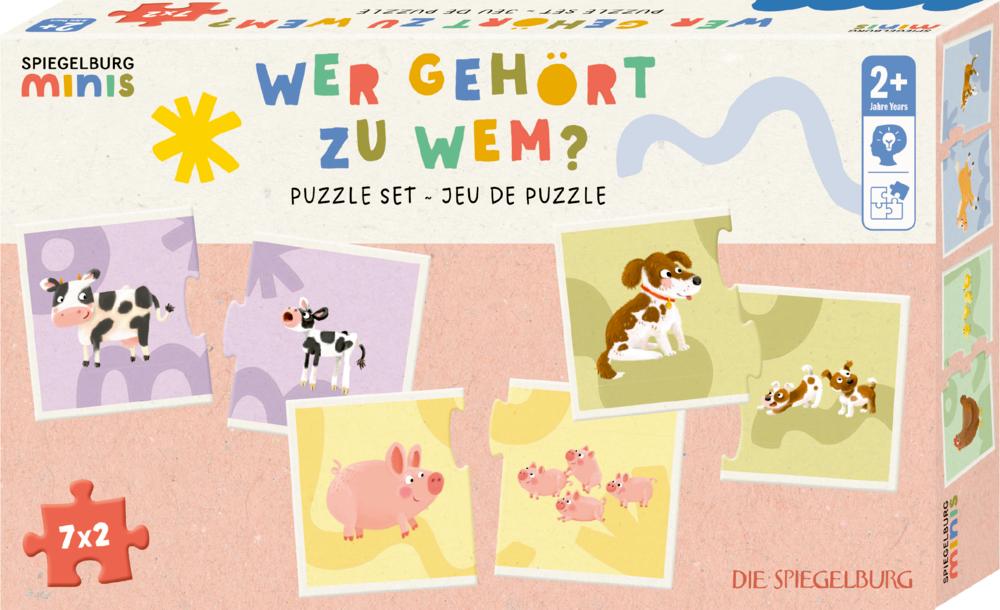 Puzzle-Set-Verpackung mit Tiermotiven, darunter Kuh und Kalb, Hund und Welpen, Schwein und Ferkel, Aufschrift „Wer gehört zu wem?“.