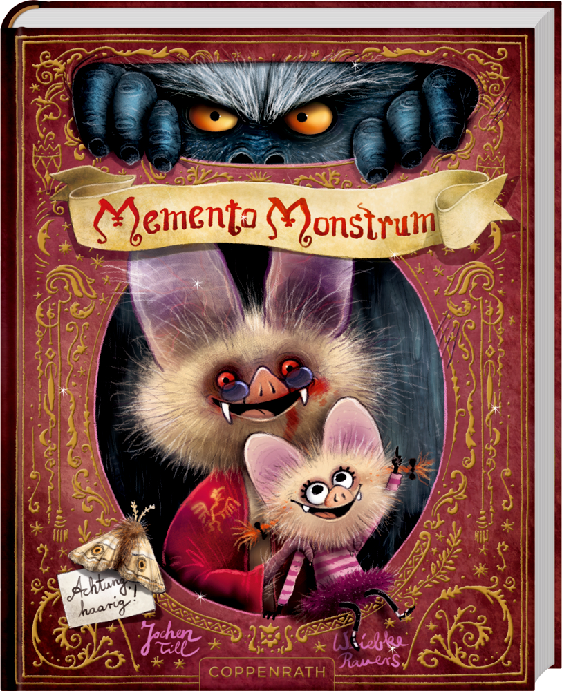 Buchcover: zwei fröhliche Fledermäuse, aus einer Luke daräber die Augen und Klauen eines großen Monsters herausschauend.
