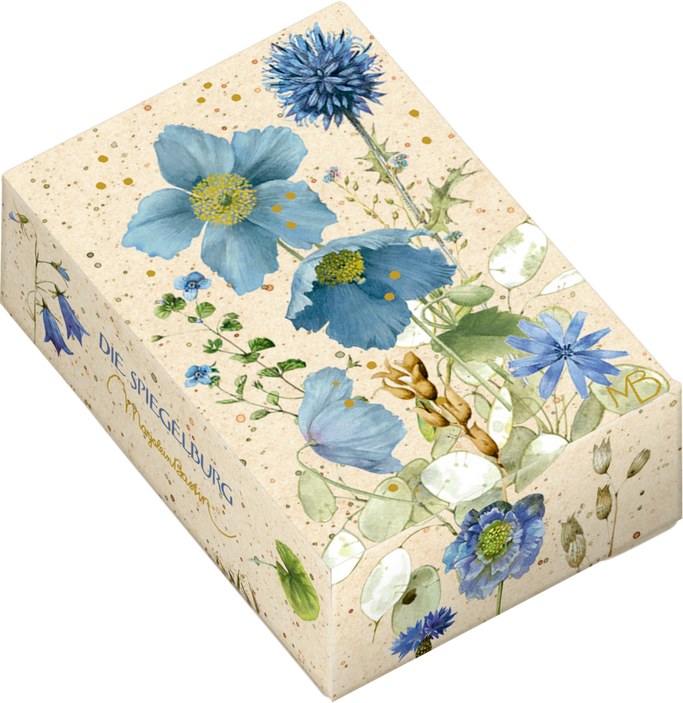 Rechteckige Schachtel mit Blumenmuster, Libelle und blauem Schmetterling auf weißem Hintergrund.