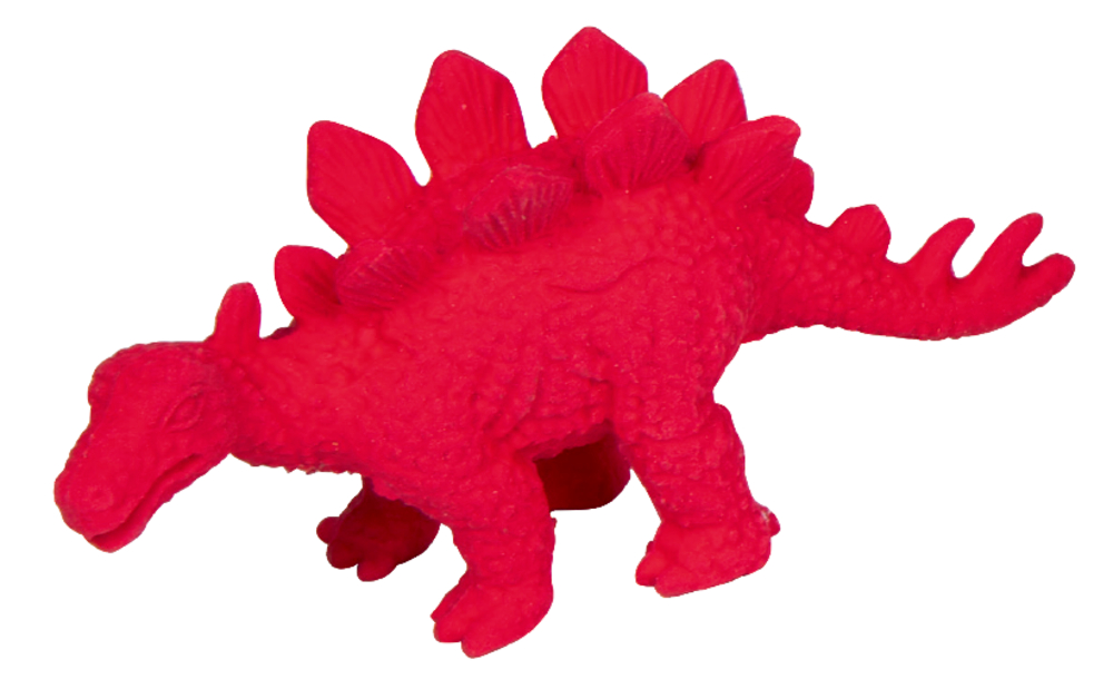 Roter 3D Stegosaurus-Radierfigur mit strukturierter Oberfläche.