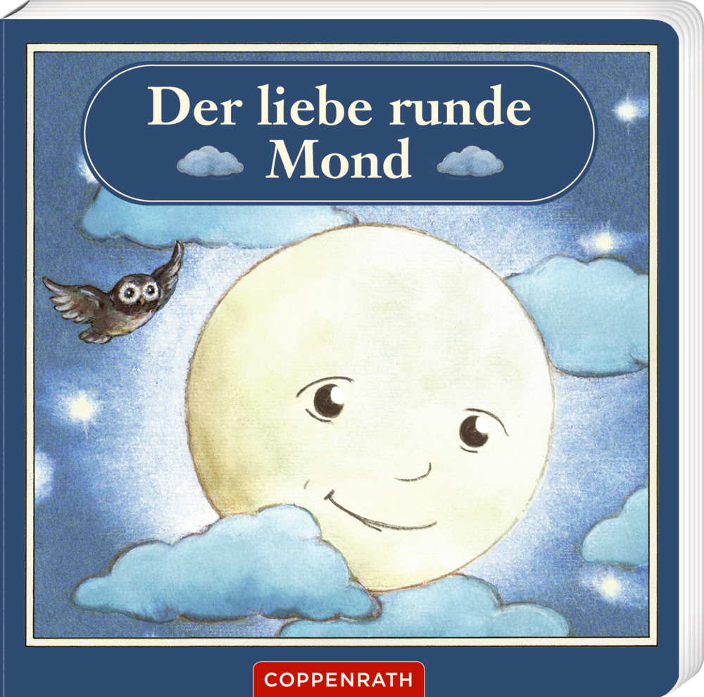 Buchcover mit lÃ¤chelndem Vollmond, einer Eule und Wolken.