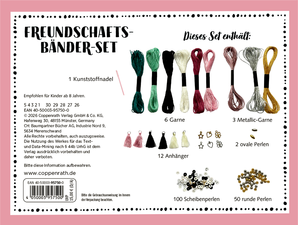 Set mit neun Garnen, Kunststoffnadel, zwölf Anhängern, hundert Scheibenperlen, fünfzig runden und zwei ovalen Perlen.