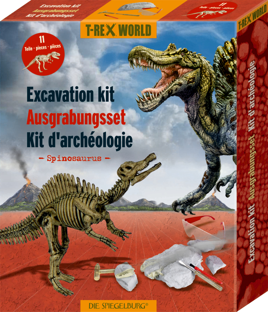 T-Rex World Spinosaurus-Ausgrabungsset mit Dinosauriermodellen und illustrierten Ausgrabungswerkzeugen.