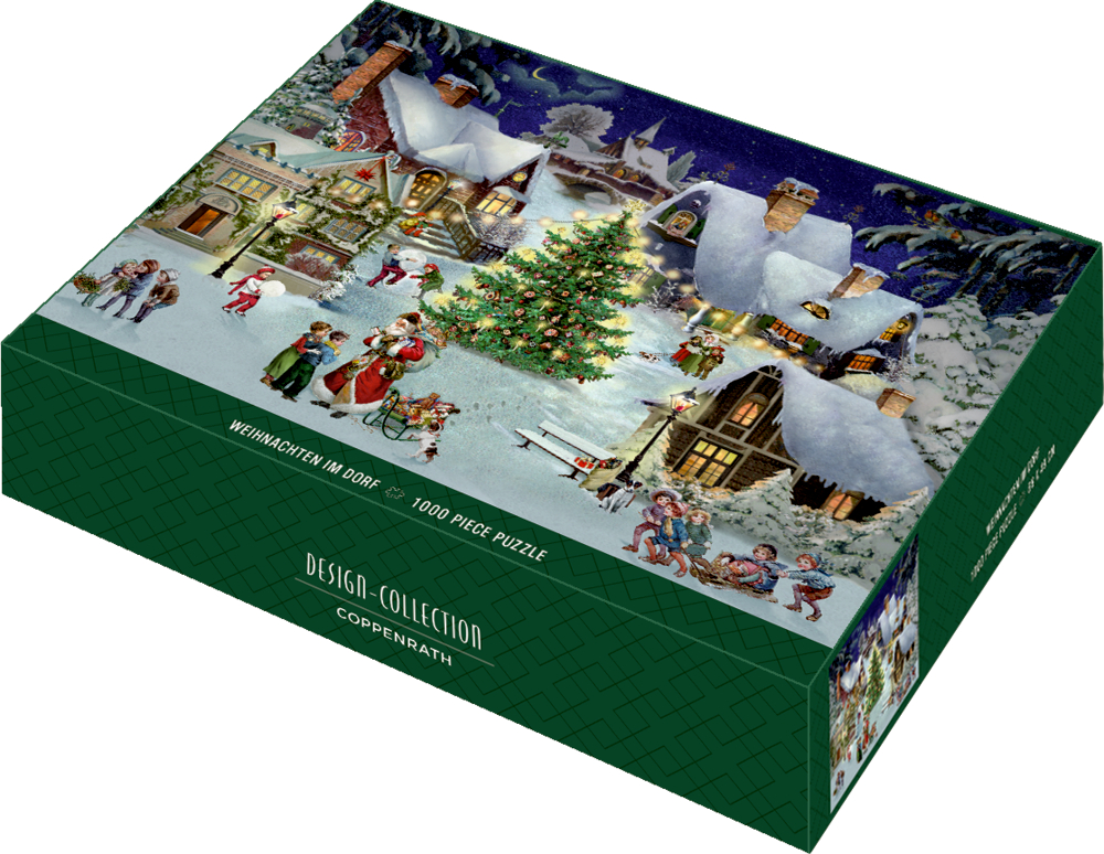 Puzzle mit 1000 Teilen: Festliche Winterdorfszene mit Menschen beim Feiern um einen Weihnachtsbaum.