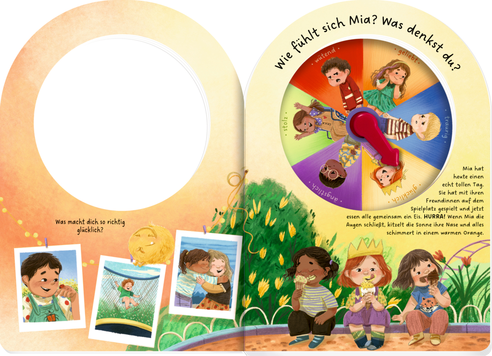 Aufgeschlagenes Buch mit drei Kindern, die auf einer Bank sitzen und Eis essen Eis, daneben eine Drehscheibe mit Gesichtern zu verschiedenen Gefühlen.
