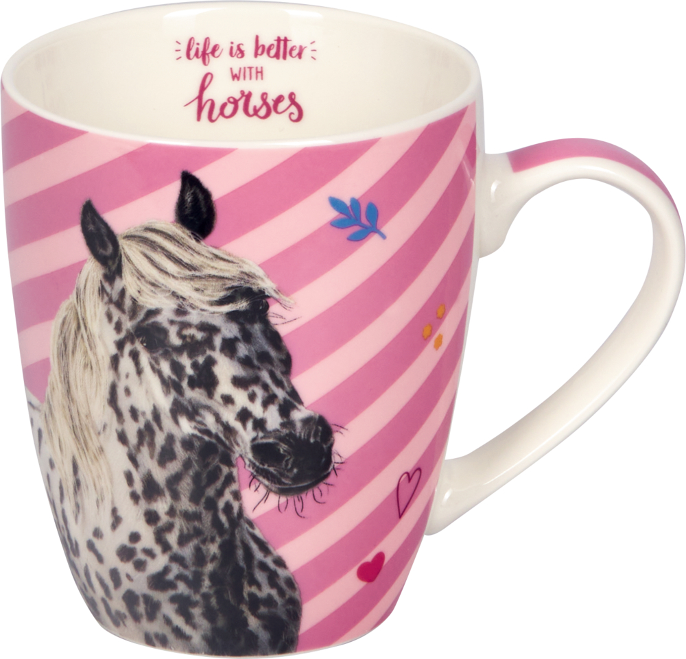 Eine rosa-gestreifte Tasse Abbildung eines gescheckten Pferdes.