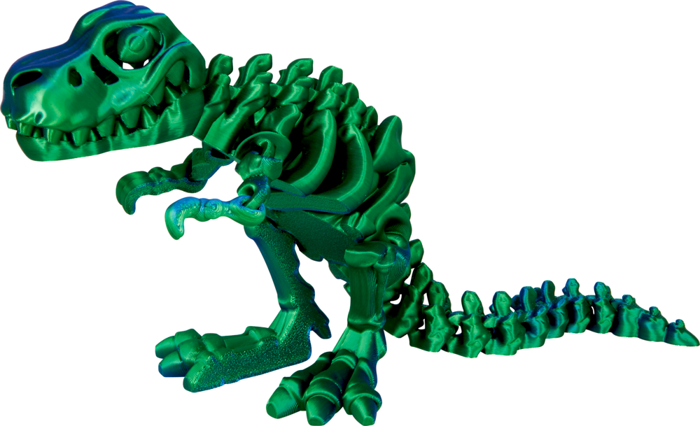 Grün-blaues Dinosaurierskelett-Spielzeug aus Kunststoff, aufrecht stehend mit einer erhobenen Klaue, auf weißem Hintergrund.
